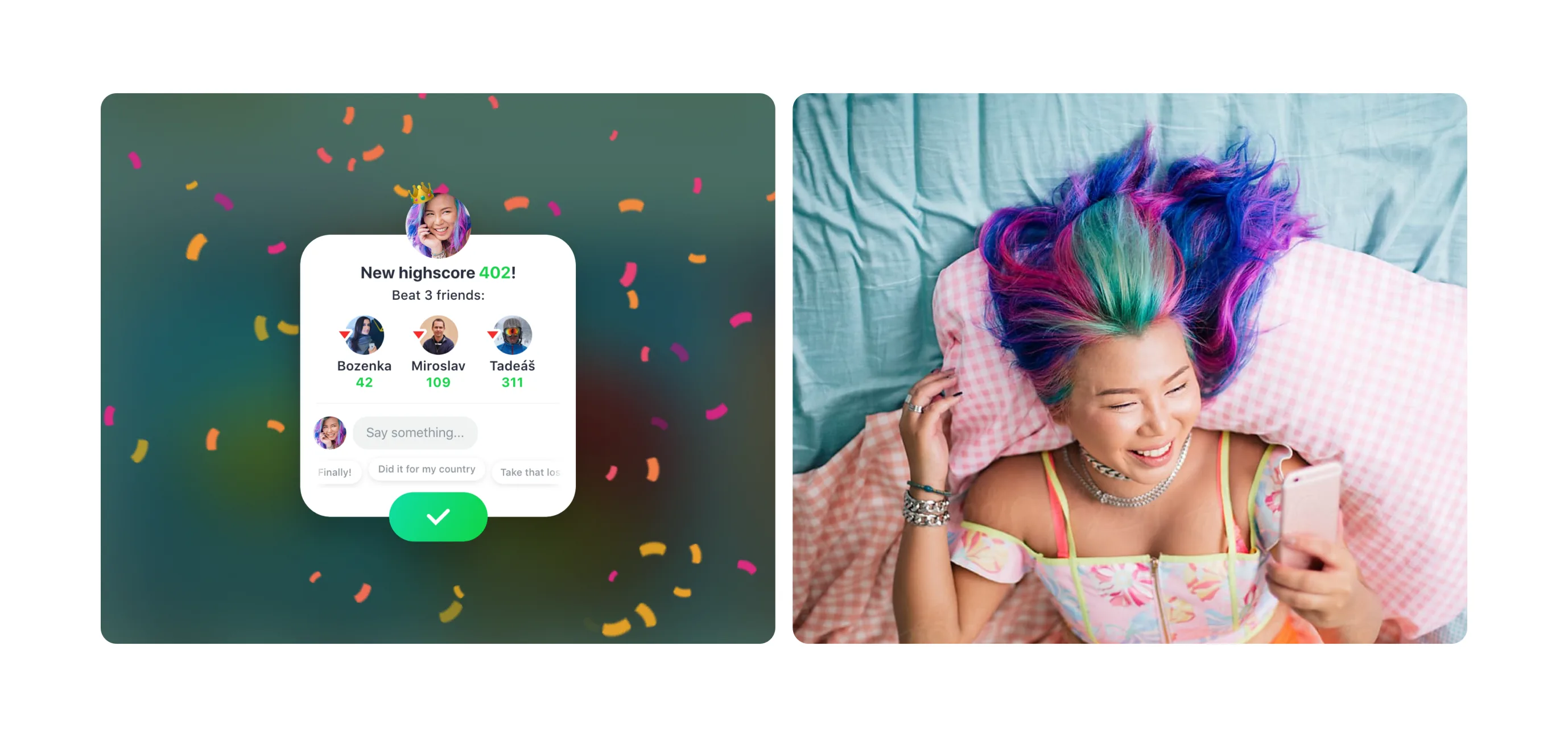 Two panels on white: a New highscore 402 card with confetti showing three beaten friends and a chat field, and a laughing young woman with blue-pink-and-green hair lying on a bed, playing on her phone
