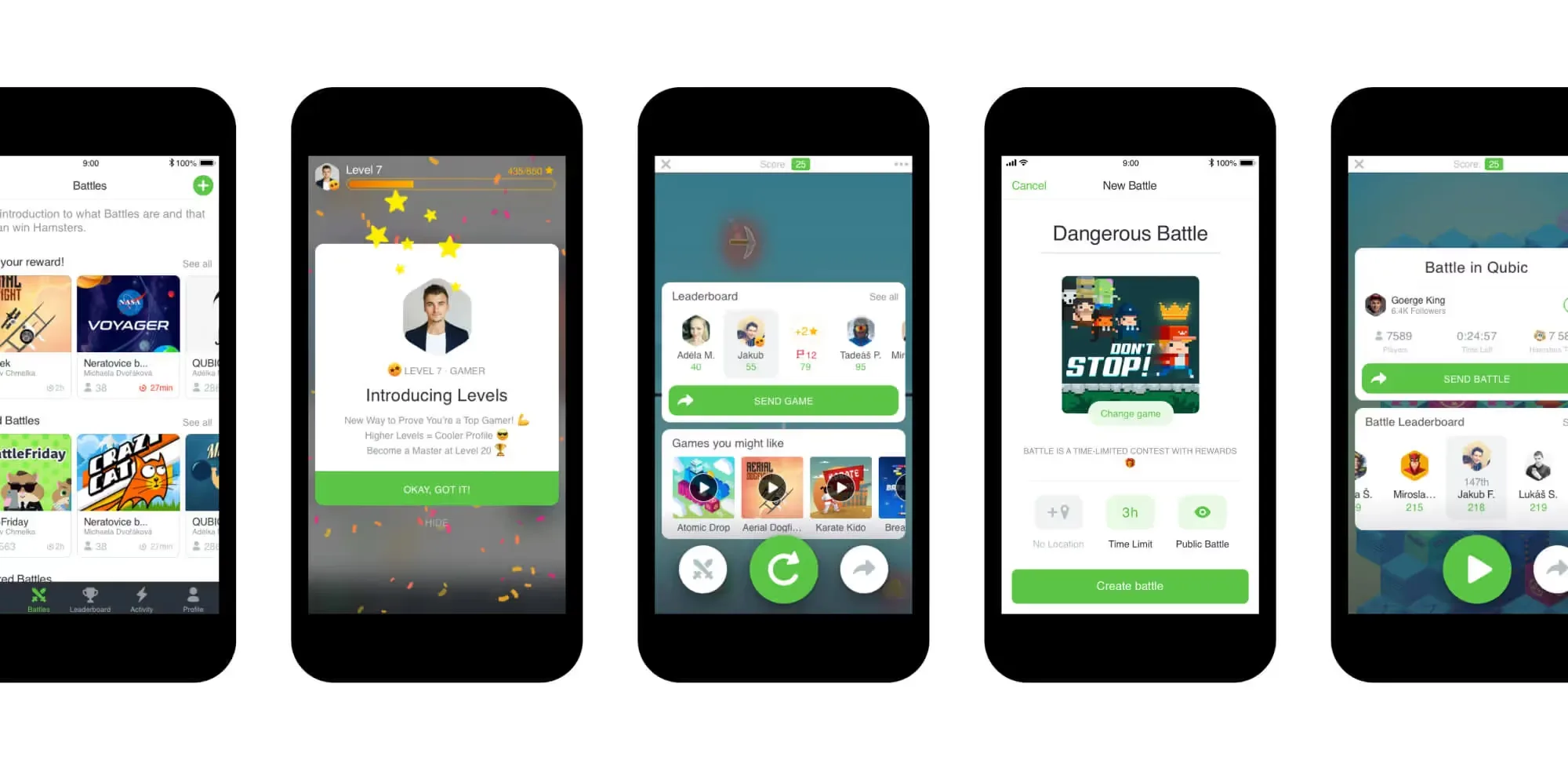 Five GAMEE phone screens in a row: the games list, Introducing Levels, a leaderboard, a Dangerous Battle prompt and a Battle in Qubic