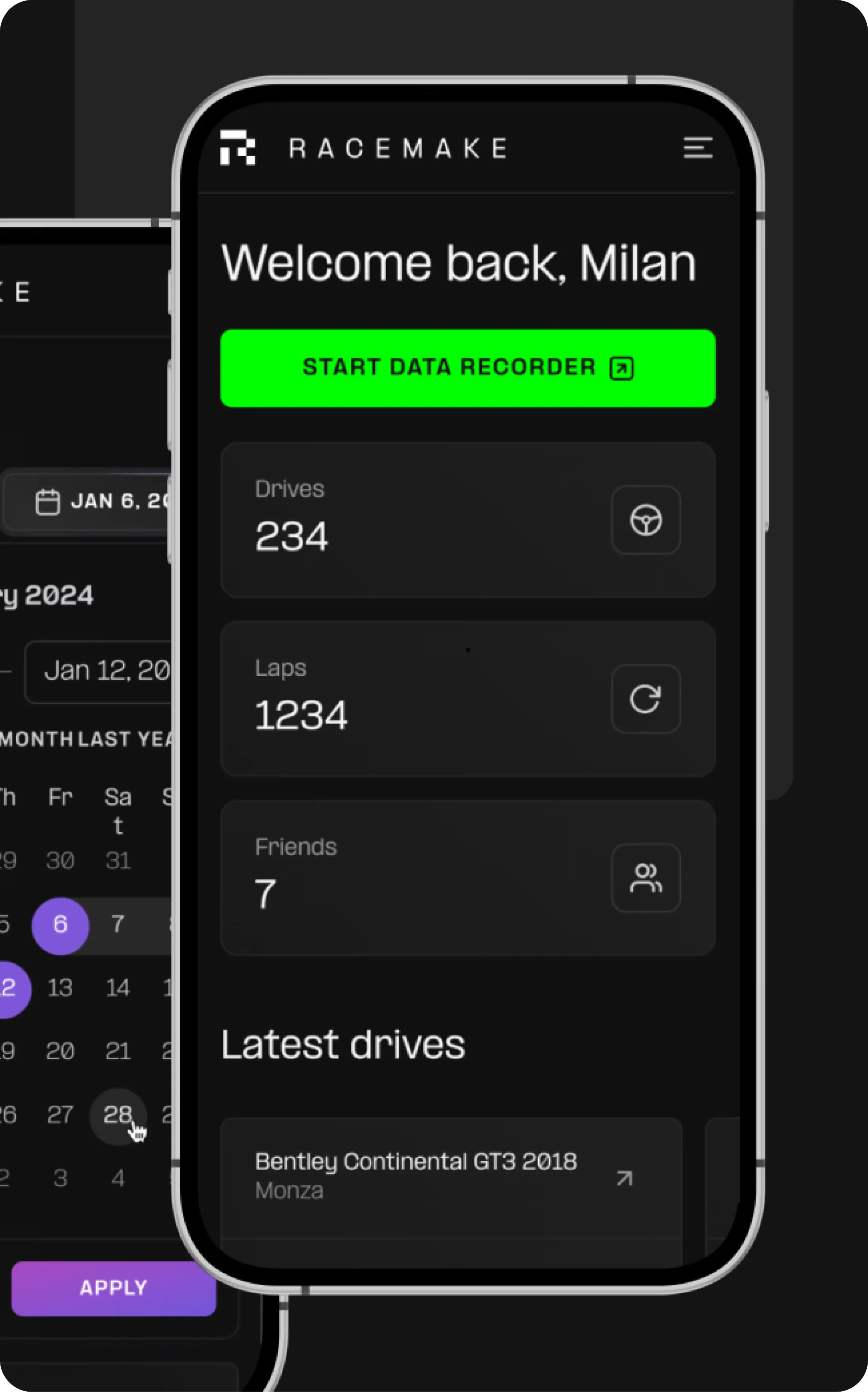 The RACEMAKE phone home screen — Welcome back, Milan, a green Start data recorder button, counters for drives, laps and friends, and the latest drive in a Bentley Continental GT3 at Monza