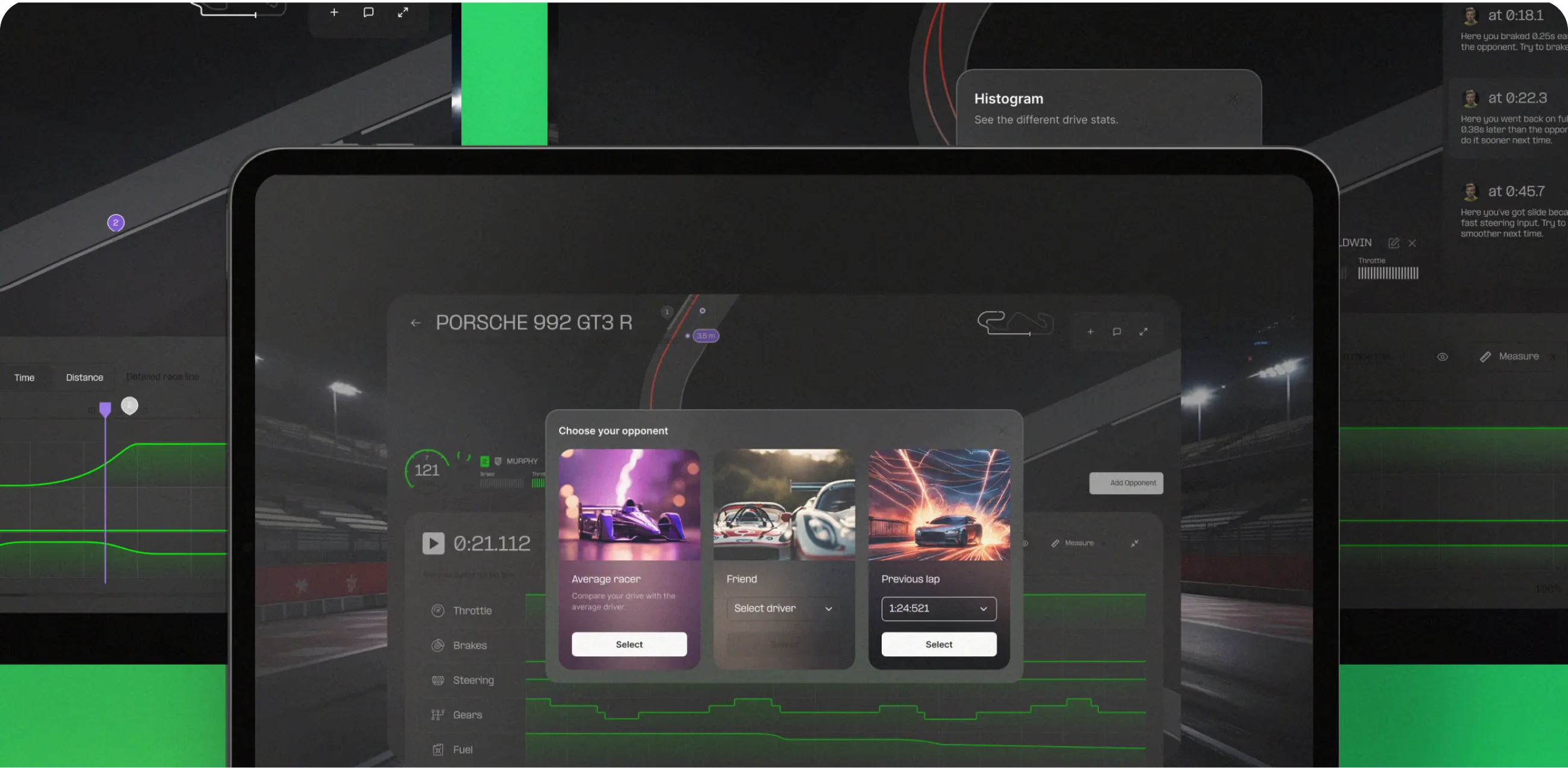 A tablet in front of a desktop screen, both showing the RACEMAKE dashboard for a Porsche 992 GT3 R: a night track view, a Choose your opponent dialog and green telemetry traces
