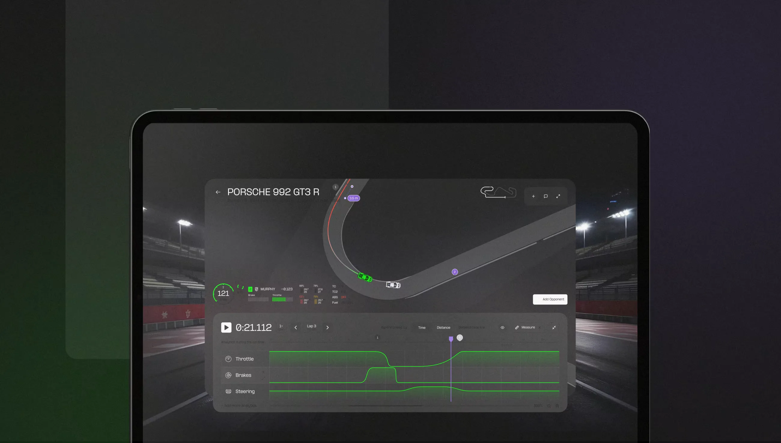 A tablet on a dark desk showing a RACEMAKE lap for a Porsche 992 GT3 R: the track map with the car's position and the throttle, brake and steering traces in green